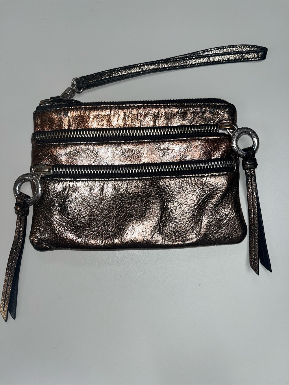 Brighton Metallic Bronze Double-Zip Wristlet Clutch